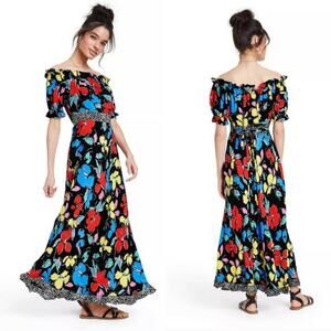 Rixo x Target Dress Black Floral Off The Shoulder Tie Waist Y2K Multicolor Print